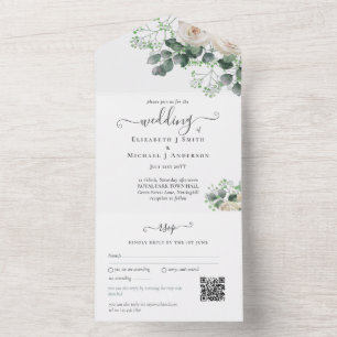 All Inclusive White Roses Sage Leaves Wedding RSVP In One Invitation