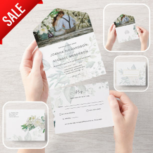 All Inclusive White Roses Tear off RSVP Wedding In One Invitation