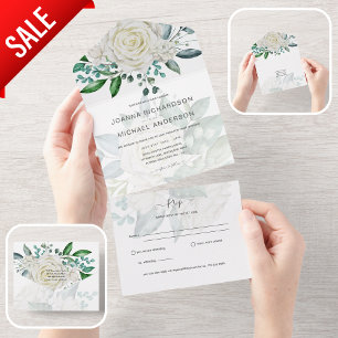 All Inclusive White Roses Wedding Floral RSVP In One Invitation