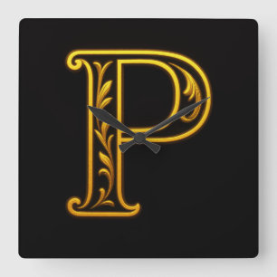 ALL INITIALS Black and Gold Floral Flourished Square Wall Clock