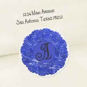 ALL INITIALS Black Monogram 3 Filigree Edge Blue Classic Round Sticker