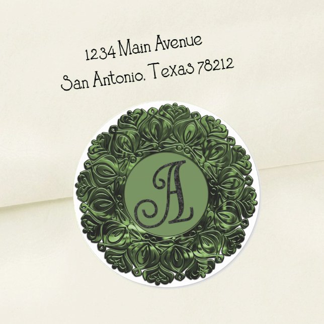 ALL INITIALS Black Monogram 3 Filigree Edge Green Classic Round Sticker (Creator Uploaded)