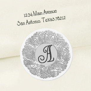 ALL INITIALS Black Monogram 3 Filigree Grey Classic Round Sticker