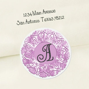ALL INITIALS Black Monogram 3 Filigree Lavender Classic Round Sticker