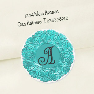 ALL INITIALS Black Monogram 3 Filigree Turquoise Classic Round Sticker