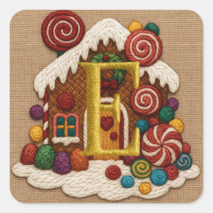 ALL INITIALS Embroidery Look Gingerbread Christmas Square Sticker