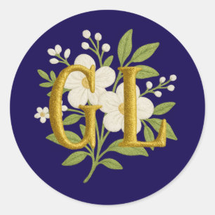 ALL INITIALS Embroidery White Flowers Any Colour Classic Round Sticker