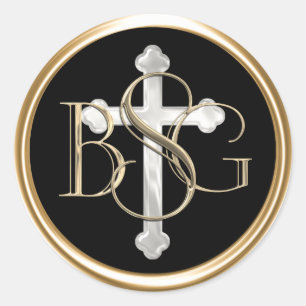 ALL INITIALS Gold 3 Monogram Pearly Cross Classic Round Sticker