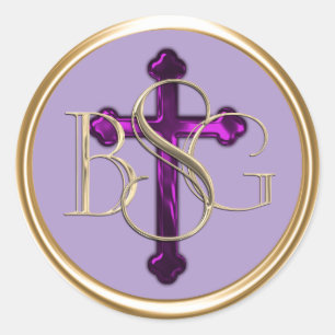 ALL INITIALS Gold 3 Monogram Purple Cross Classic Round Sticker