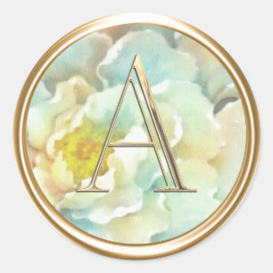 ALL INITIALS Gold Monogram Aqua Peony Classic Round Sticker