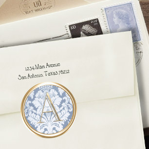 ALL INITIALS Gold Monogram Blue Damask Classic Round Sticker