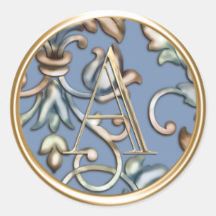 ALL INITIALS Gold Monogram Blue Earthtones Damask Classic Round Sticker