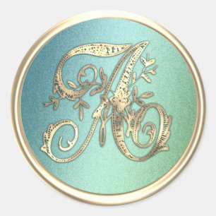 All Initials Gold Monogram Blue Green Classic Round Sticker