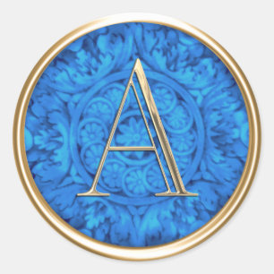 ALL INITIALS Gold Monogram Blue Ornate Classic Round Sticker