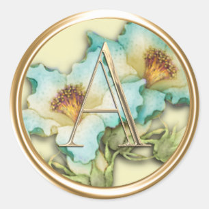 ALL INITIALS Gold Monogram Blue White Lillies Classic Round Sticker