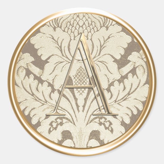 ALL INITIALS Gold Monogram Champagne Damask Classic Round Sticker (Front)