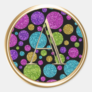 ALL INITIALS Gold Monogram Colourful Glitter Dots Classic Round Sticker