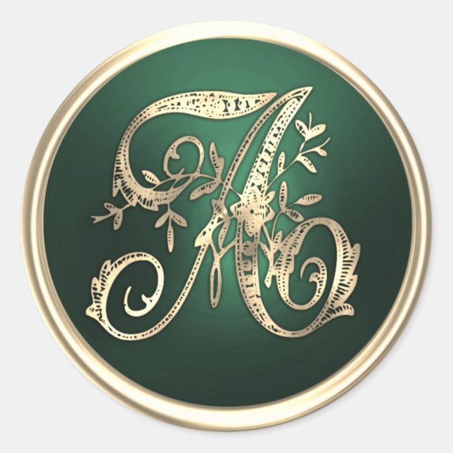 All Initials Gold Monogram Emerald Green Classic Round Sticker (Front)