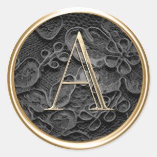 ALL INITIALS Gold Monogram on Black Lace Classic Round Sticker