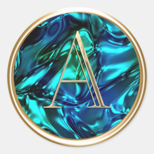 ALL INITIALS Gold Monogram on Blue Green Wavy  Classic Round Sticker