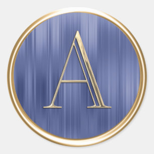 ALL INITIALS Gold Monogram on Dusty Blue Stripe Classic Round Sticker