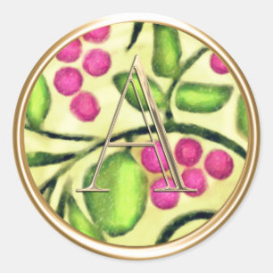 ALL INITIALS Gold Monogram on Pink Berry Vine Classic Round Sticker