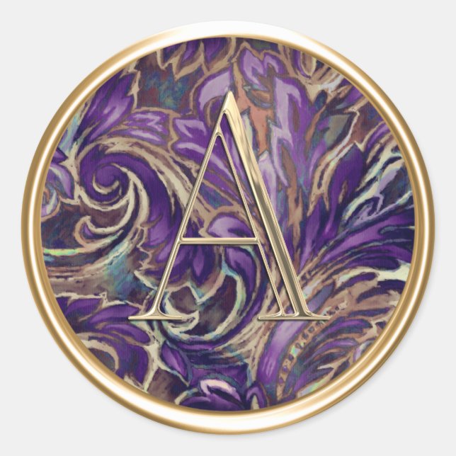 ALL INITIALS Gold Monogram on Purple Damask Classic Round Sticker (Front)