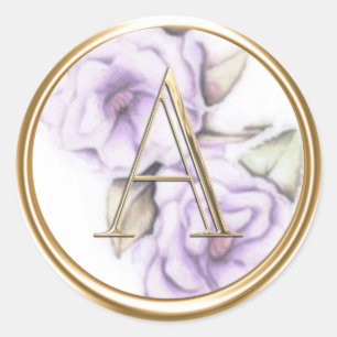 ALL INITIALS Gold Monogram on Purple Peonies Classic Round Sticker