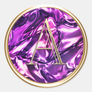ALL INITIALS Gold Monogram on Purple Wavy  Classic Round Sticker