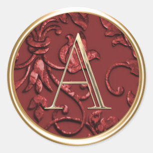 ALL INITIALS Gold Monogram on Red Damask Classic Round Sticker