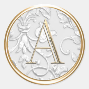 ALL INITIALS Gold Monogram on White Damask Classic Round Sticker