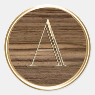 ALL INITIALS Gold Monogram on Woodgrain Classic Round Sticker