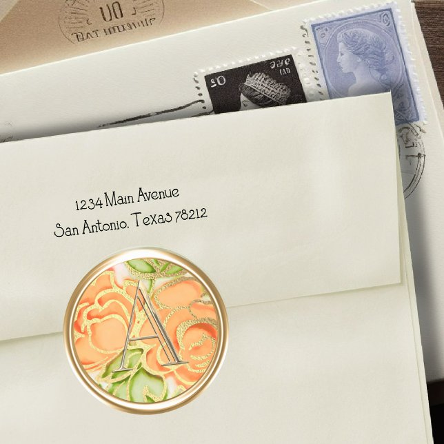 ALL INITIALS Gold Monogram Orange Roses Classic Round Sticker (Creator Uploaded)