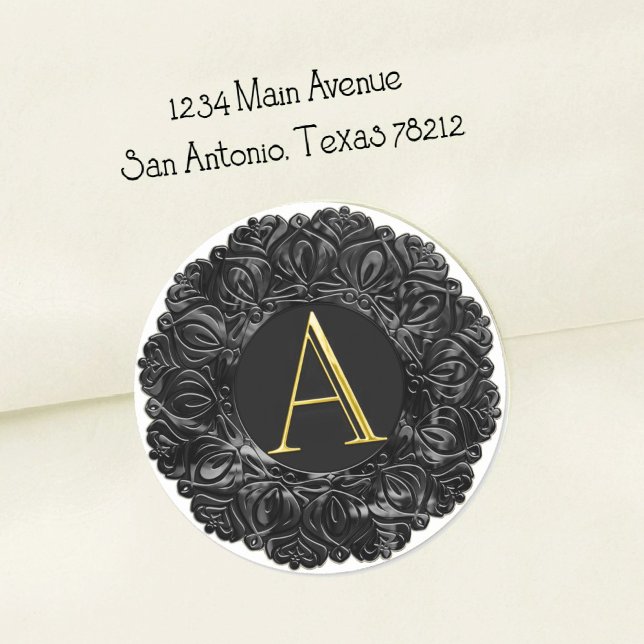 ALL INITIALS Gold Monogram Pearly Filigree Black Classic Round Sticker (Creator Uploaded)