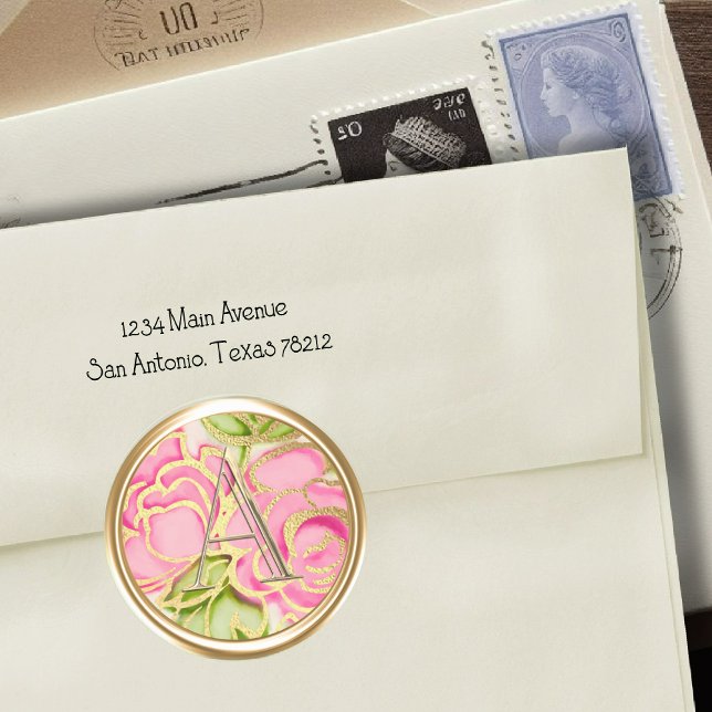 ALL INITIALS Gold Monogram Pink Roses Classic Round Sticker (Creator Uploaded)