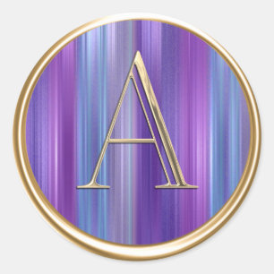 ALL INITIALS Gold Monogram Purple Blue Stripes Classic Round Sticker