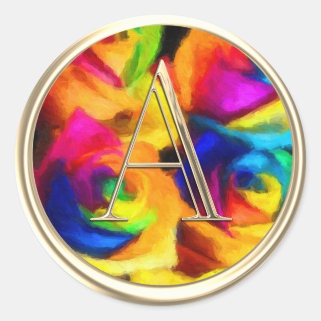 ALL INITIALS Gold Monogram Rainbow Roses Classic Round Sticker (Front)