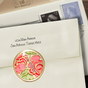 ALL INITIALS Gold Monogram Red Roses Classic Round Sticker