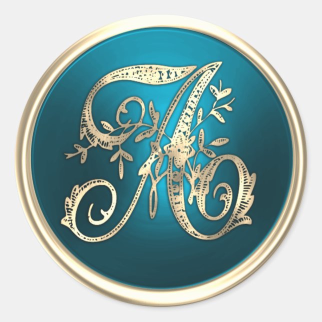 All Initials Gold Monogram Teal Classic Round Sticker (Front)