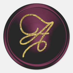 ALL INITIALS Gold Script Monogram Dark Plum Classic Round Sticker