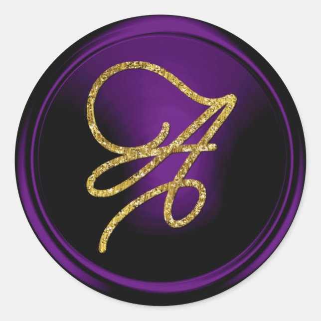 ALL INITIALS Gold Script Monogram Dark Purple Classic Round Sticker (Front)