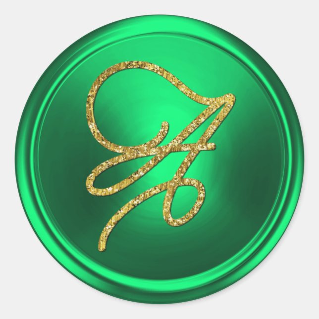 ALL INITIALS Gold Script Monogram Kelly Green Classic Round Sticker (Front)