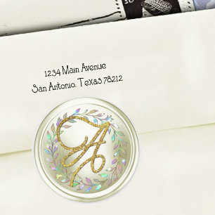 ALL INITIALS Gold Script Monogram Off White Wreath Classic Round Sticker