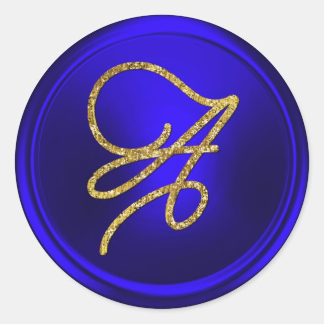 ALL INITIALS Gold Script Monogram Royal Blue Classic Round Sticker (Front)
