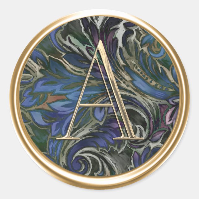 ALL INITIALS Monogram Blue Purple Green Damask Classic Round Sticker (Front)