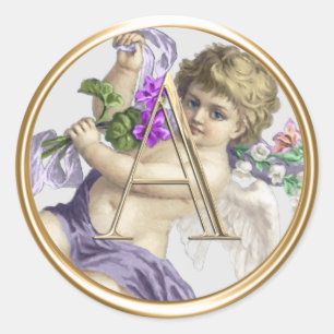 ALL INITIALS Monogram Cherub Purple Classic Round Sticker
