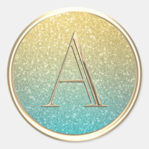 ALL INITIALS Monogram Ombre Glitter Teal Green Classic Round Sticker