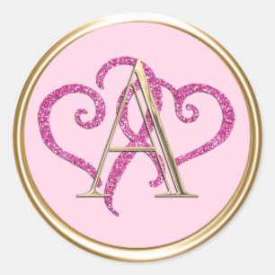 ALL INITIALS Monogram Pink Glitter Hearts Classic Round Sticker