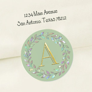 ALL INITIALS Mother Pearl Leaves Wreath Any Colour Classic Round Sticker