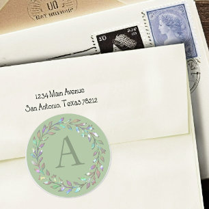 ALL INITIALS Mother Pearl Leaves Wreath Any Colour Classic Round Sticker